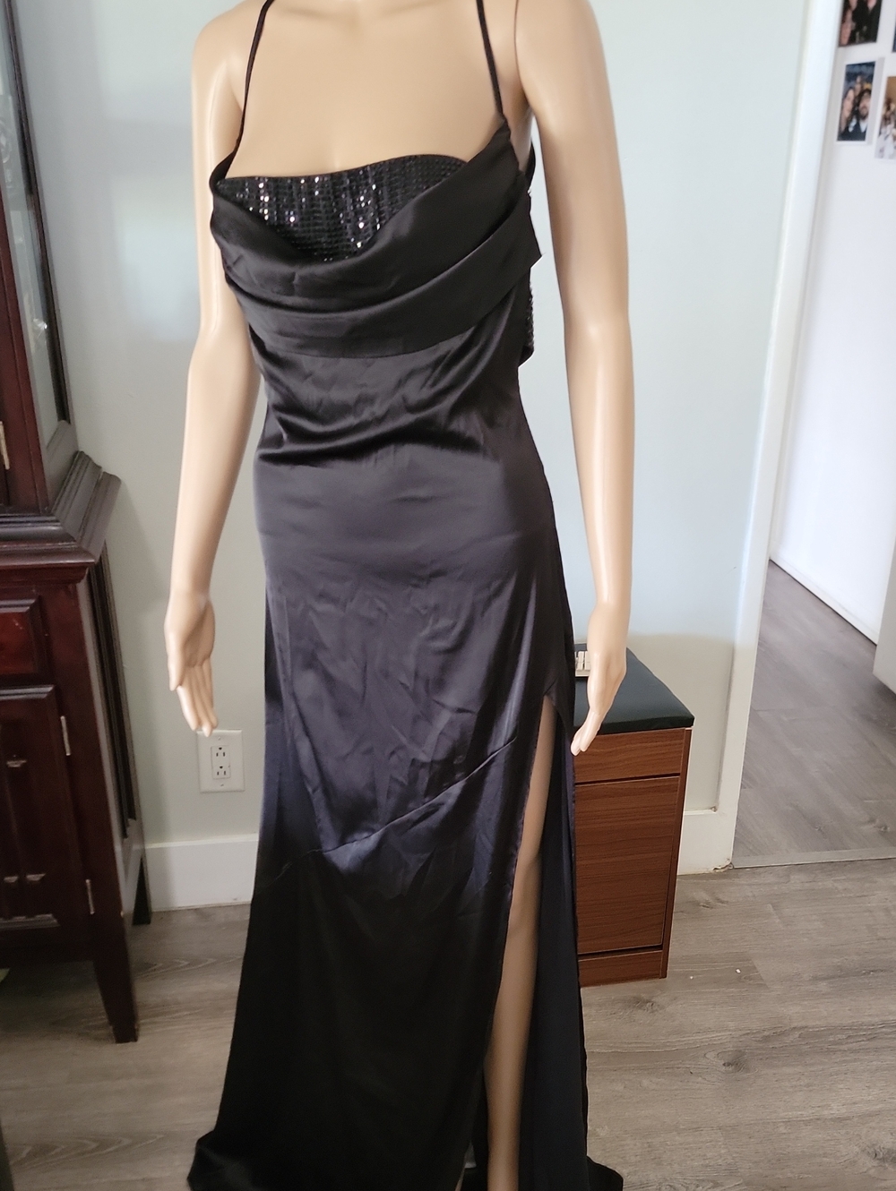 Luxxel Black Satin Cowl Neck Evening Gown with Sequin Bodice